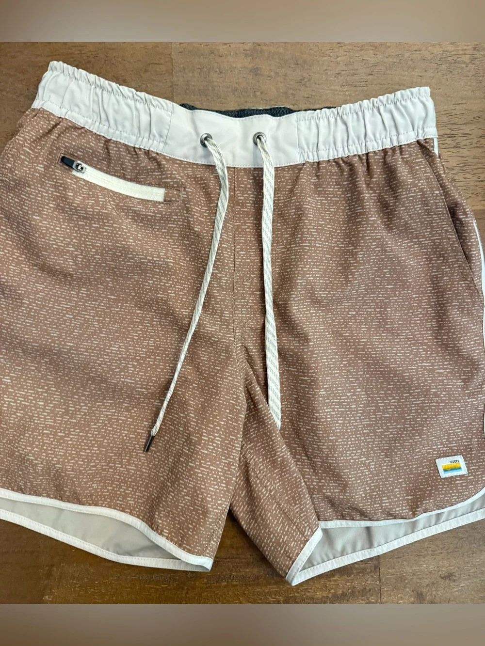 Vuori Men's Tan-Brown Patterned Swim Trunks with White Waistband